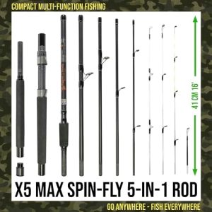 Rigged & Ready X5 Series Travel Fishing Rods Spin-Fly – X5 Rod & 2 Reels Combination, X5 Rod, or X5 Max – Super Compact, Multi-Functional Rods, 4 Tips, 5 Techniques-1 Fishing Rod.