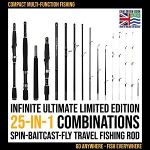 Rigged and Ready Infinite Ultimate Spinning-Baitcast-Fly Travel Fishing Rod. 25-in-1 Combination Rods. Compact Spin-Cast-Fly Fish Pole
